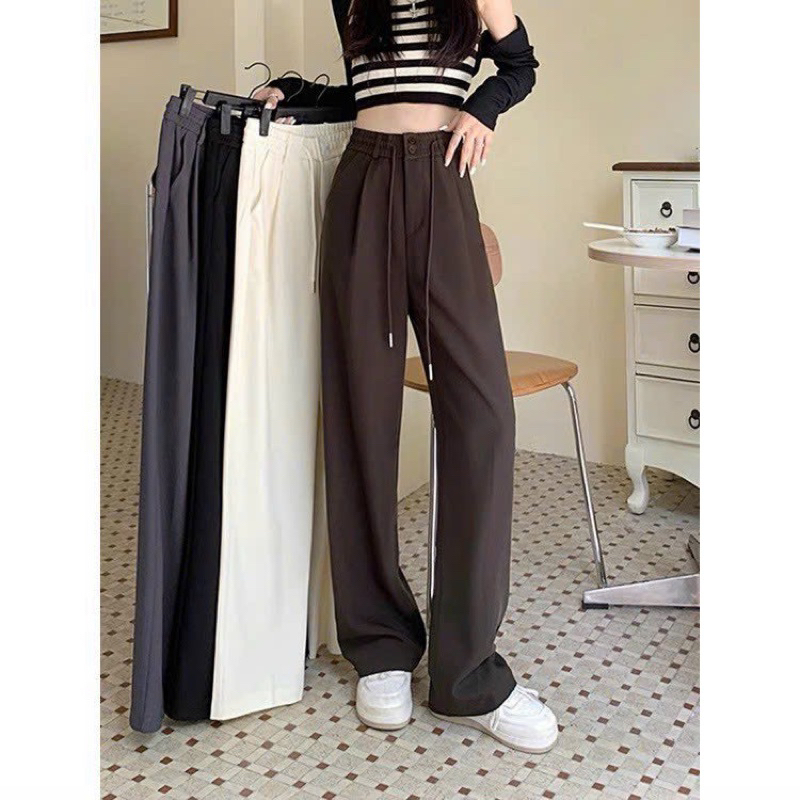 Quần suông qccc lưng chun dây rút phối 2 cúc hottrend, Quần suông nữ ống rộng hàng loại 1