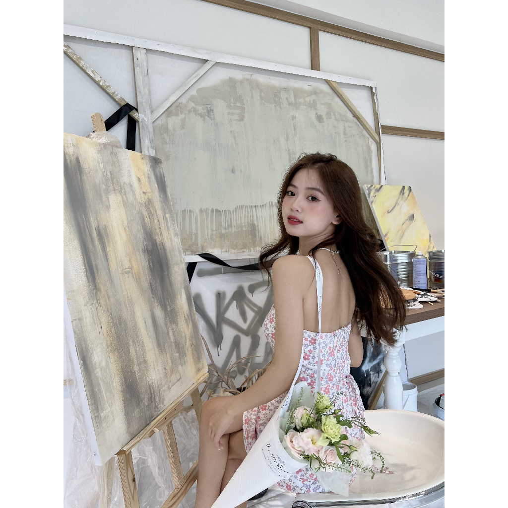 JOLIN | 𝐒𝐓𝐄𝐋𝐀 𝐃𝐑𝐄𝐒𝐒 - Đầm quây hoa nhí cúp ngực cột nơ ngay eo phom ngắn chữ A có bo chun sau lưng