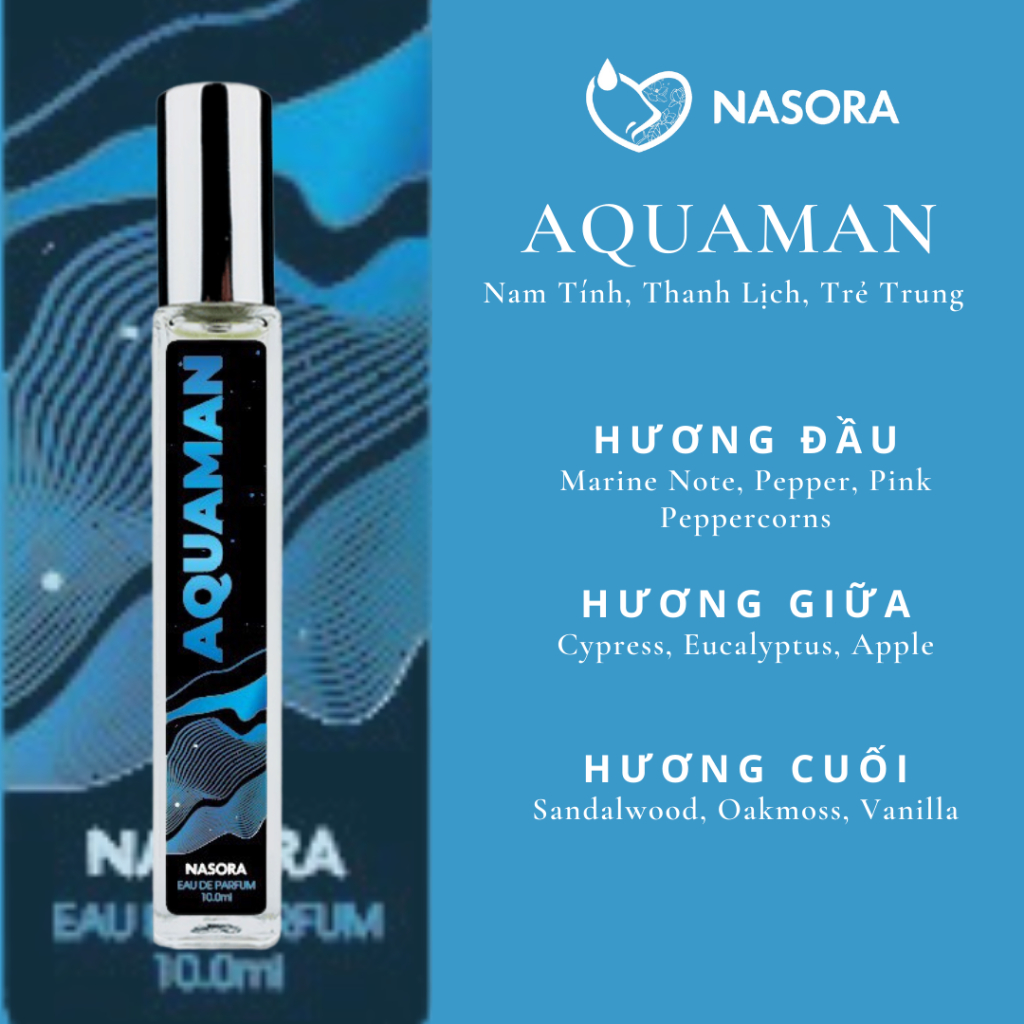 Nước Hoa Nam AQUAMAN Nasora Premium Hương Gió Biển Thơm Mát, Nam Tính, Cuốn Hút, Chai Xịt 10ml