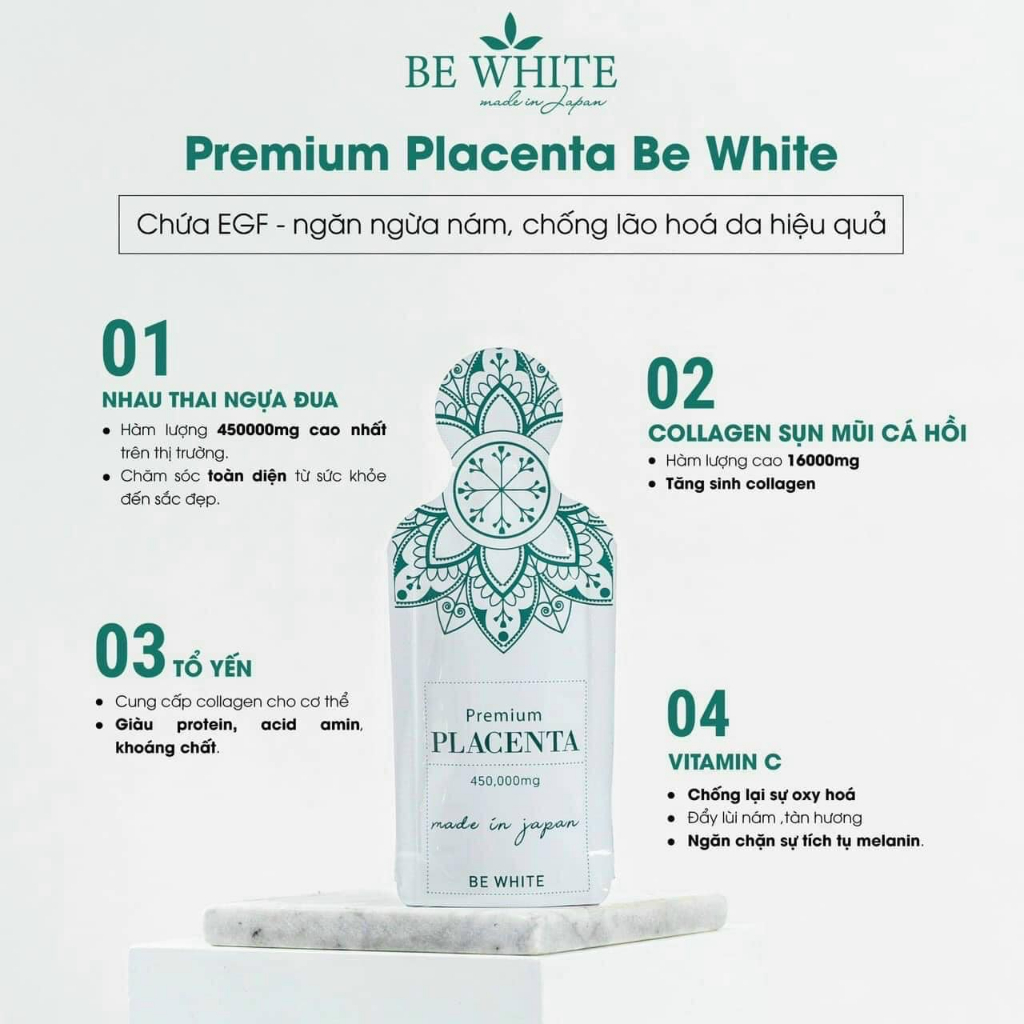 Nhau Thai Ngựa Đua Tổ Yến Be White Premium Placenta 450.000mg Nhật Bản Hộp 30 gói x 20 ml