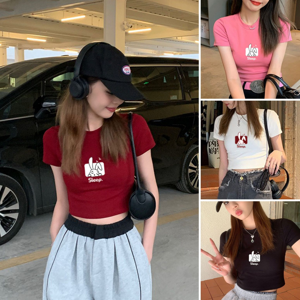 Áo Croptop kiểu in hình thỏ Sleep -  Áo croptop ôm LOZA CR6199