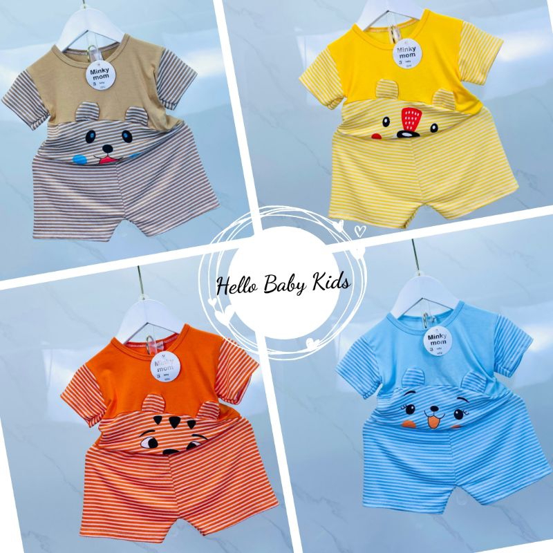 Bộ thun lạnh cộc tay phối trơn sọc có tai, quần sọc cho bé trai, bé gái