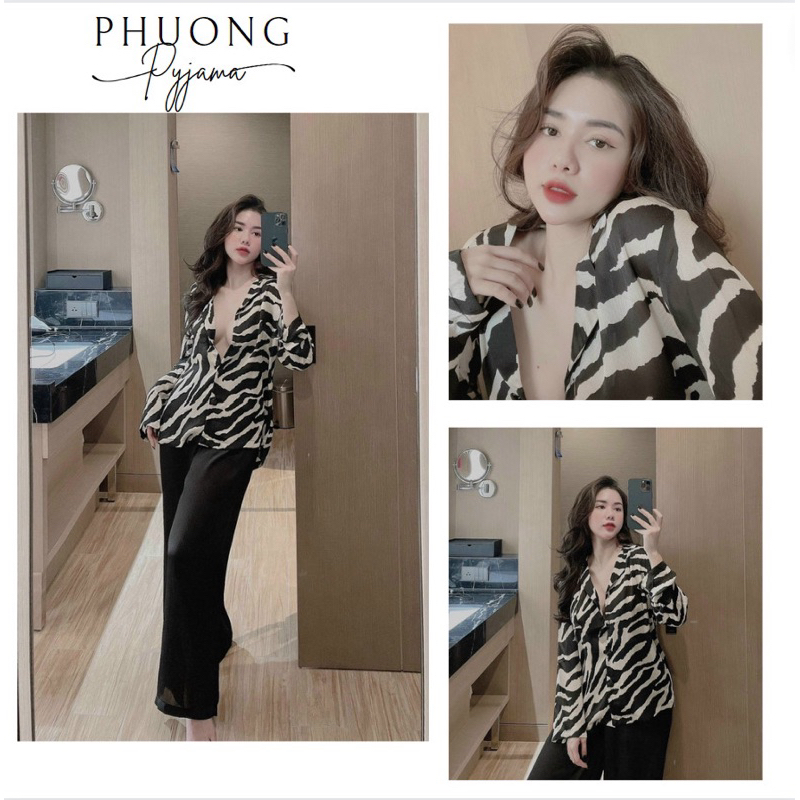 Pijama Nữ Vằn Đen Thiết Kế Cực Sang Chảnh, Chất Lụa Xước Đẹp