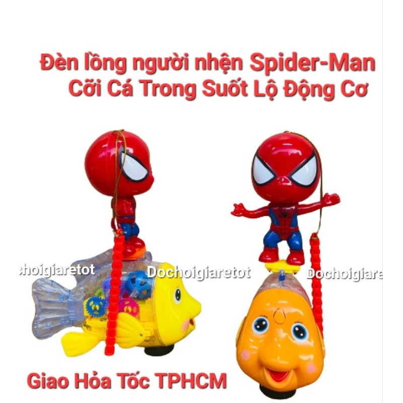 Lồng đèn trung thu người nhện cỡi cá vàng trong suốt có nhạc đèn vui nhộn cho bé