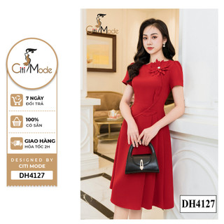 Đầm công sở CITI MODE FASHION thiết kế dáng xoè đỏ thêu hoa ngực phối chân váy xếp ly 1 bên DH4127