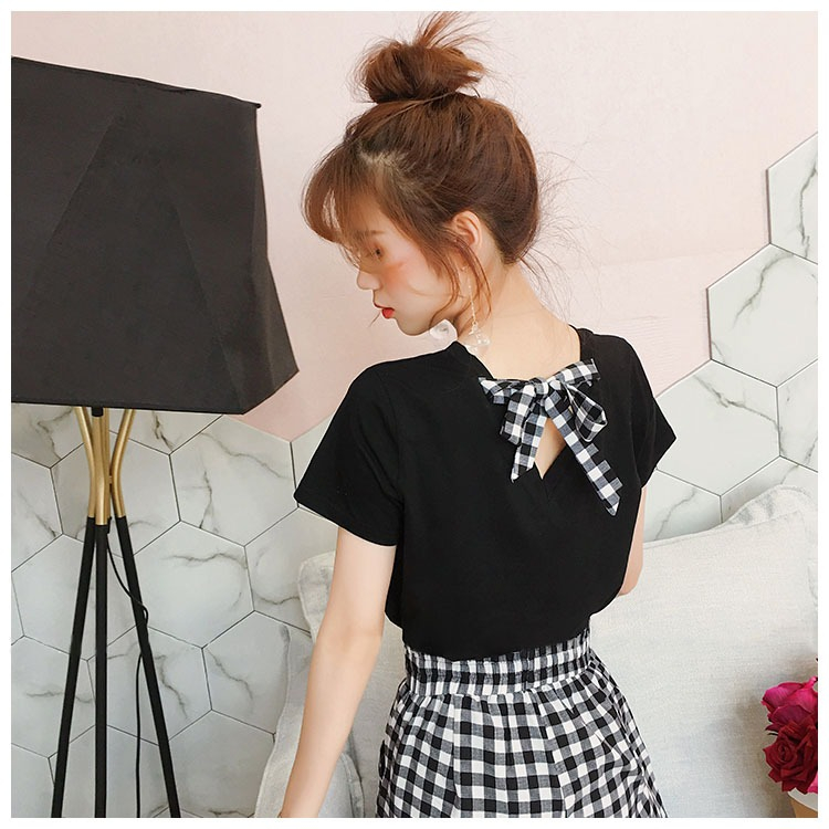 Bộ Nữ Quần Caro Áo Buộc Nơ Sau Dễ Thương, Set Nữ Vải Cotton Mềm Mịn Thoáng Mát Cho Mùa Hè M21