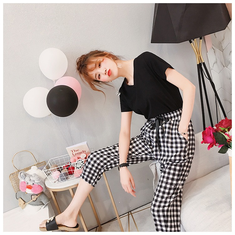 Bộ Nữ Quần Caro Áo Buộc Nơ Sau Dễ Thương, Set Nữ Vải Cotton Mềm Mịn Thoáng Mát Cho Mùa Hè M21