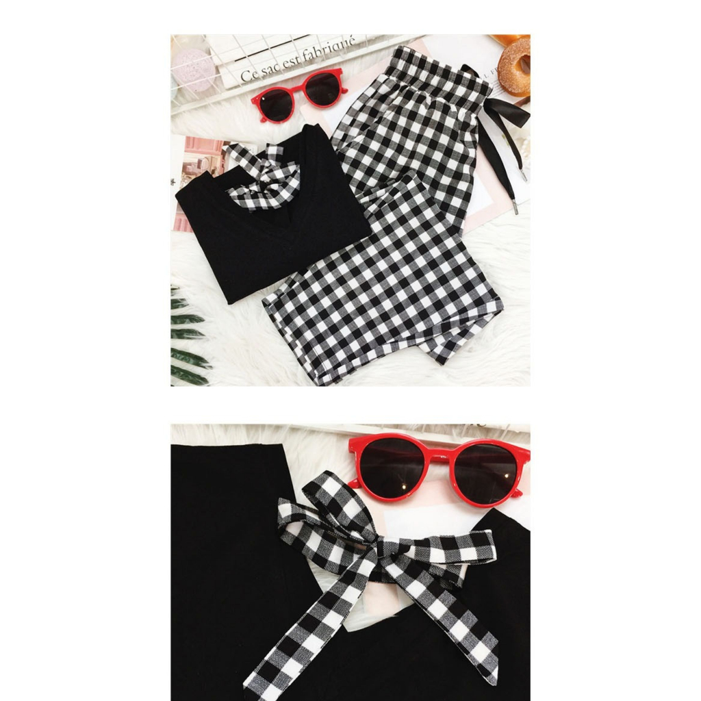 Bộ Nữ Quần Caro Áo Buộc Nơ Sau Dễ Thương, Set Nữ Vải Cotton Mềm Mịn Thoáng Mát Cho Mùa Hè M21