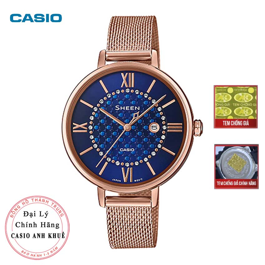 Đồng Hồ Casio Nữ Sheen SHE-4059PGM-2A dây lưới mặt màu xanh đính đá pha lê cao cấp