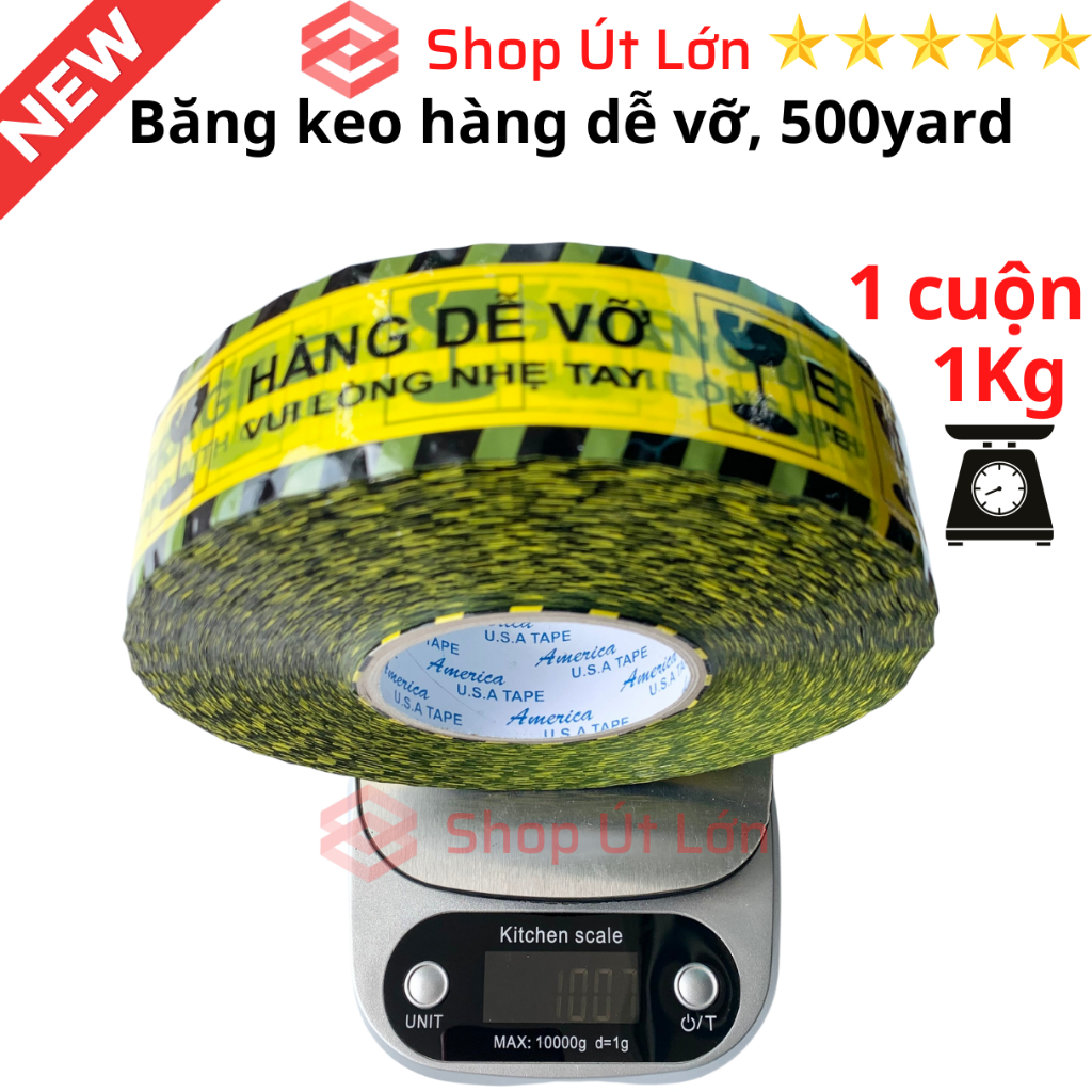 1 Cuộn băng keo hàng dễ vỡ 500yard, nặng 1kg, rộng 4,7cm, lõi giấy 5mm