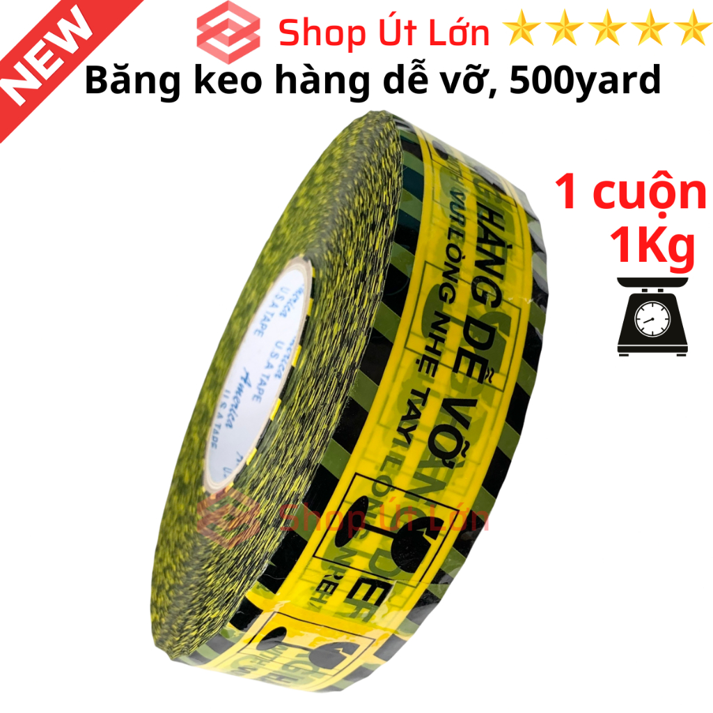 1 Cuộn băng keo hàng dễ vỡ 500yard, nặng 1kg, rộng 4,7cm, lõi giấy 5mm