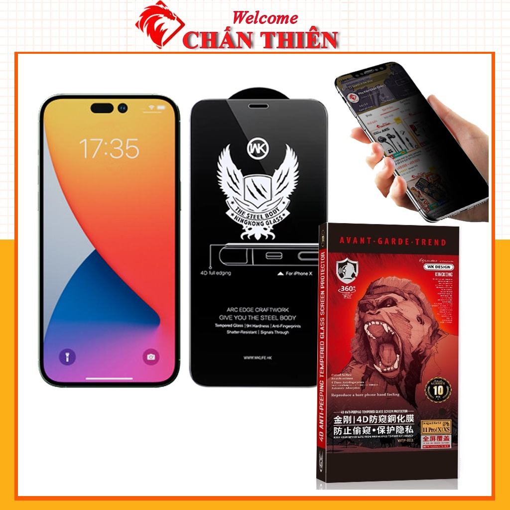 Cường lực chống nhìn trộm iphone 15 pro max 14 promax 11xs xr x 7 8 plus 13 12 xsmax full màn kingkong không hộp [WK-4D]