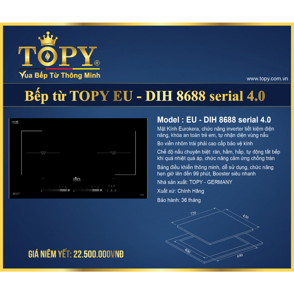 Bếp 2 từ TOPY DIH 8688 serial 4.0 bảo hành 3 năm