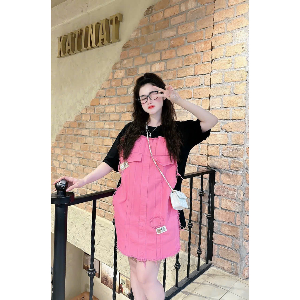 Áo váy phối jeans bò hồng cute phomaique hàng Quảng Châu Cao Cấp Loại 1 Sao Băng Store