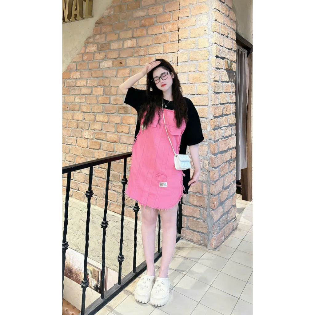 Áo váy phối jeans bò hồng cute phomaique hàng Quảng Châu Cao Cấp Loại 1 Sao Băng Store