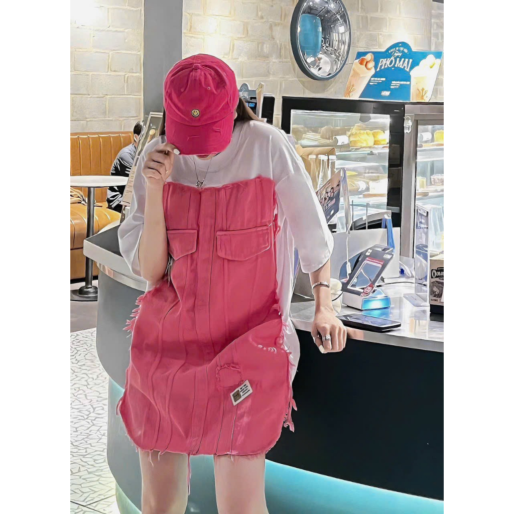 Áo váy phối jeans bò hồng cute phomaique hàng Quảng Châu Cao Cấp Loại 1 Sao Băng Store