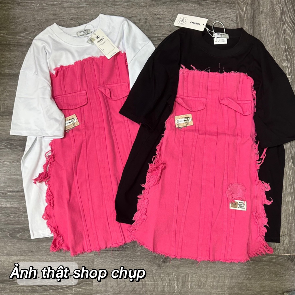 Áo váy phối jeans bò hồng cute phomaique hàng Quảng Châu Cao Cấp Loại 1 Sao Băng Store