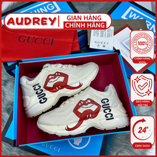 Giày Gucci Rhyton in logo, họa tiết môi, ny bản trung da thật cao cấp sneakers tăng chiều cao