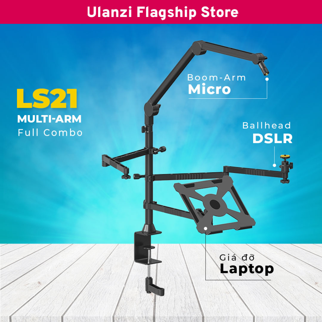 Ulanzi Vijim LS21 - Bộ Boom Arm cho NGƯỜI SÁNG TẠO đa chức năng đầy đủ nhất gắn toàn bộ đèn, micro, máy ảnh, Laptop