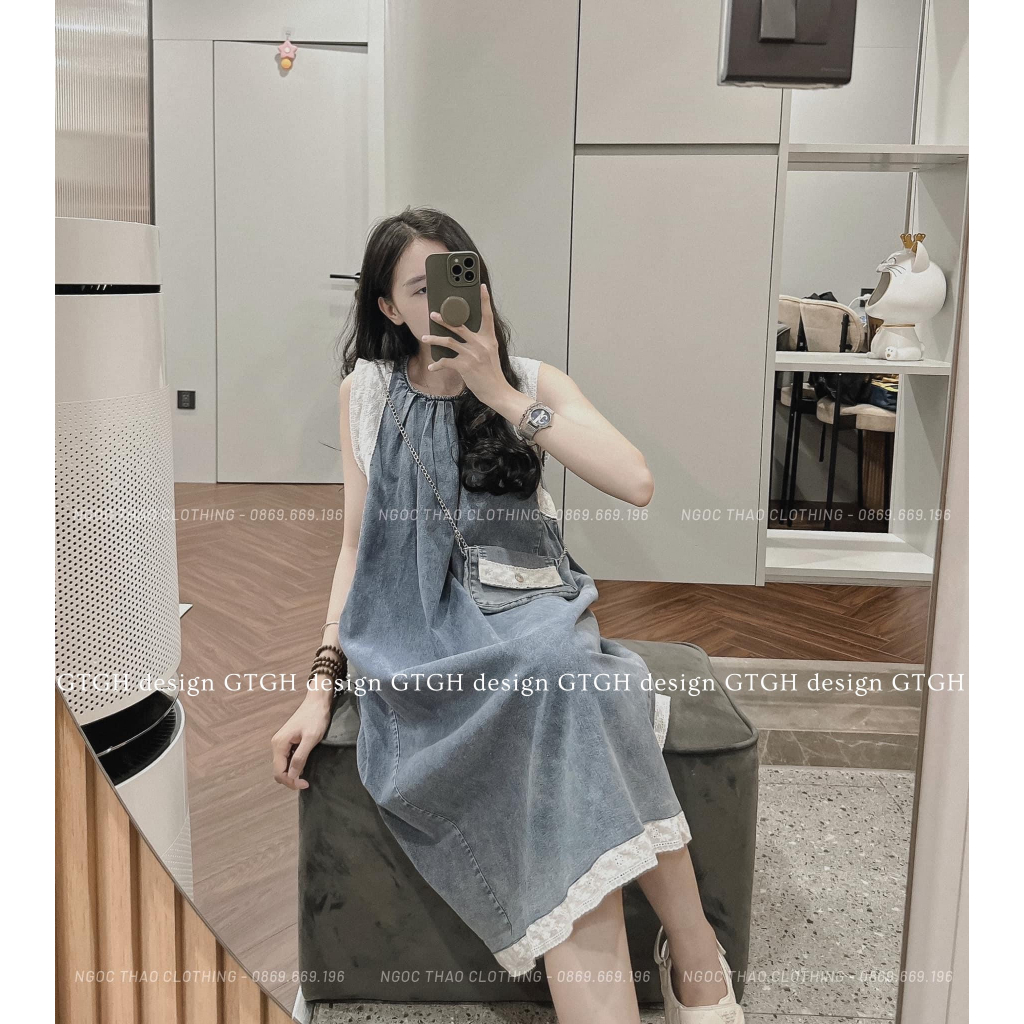 Váy Jean Phối Ren Kèm Túi