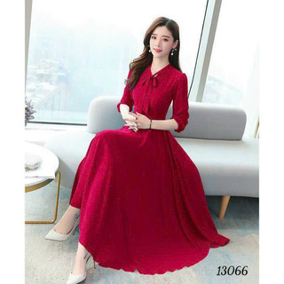 Đầm váy nữ voan dài tay midi cổ V dự tiệc đám cưới đen đỏ xanh sang trọng