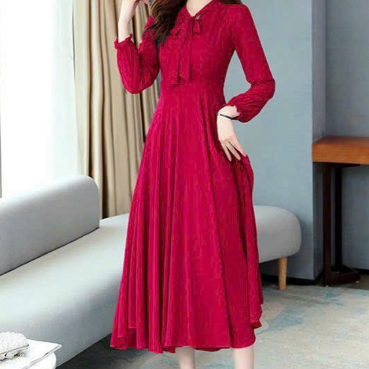 Đầm váy nữ voan dài tay midi cổ V dự tiệc đám cưới đen đỏ xanh sang trọng