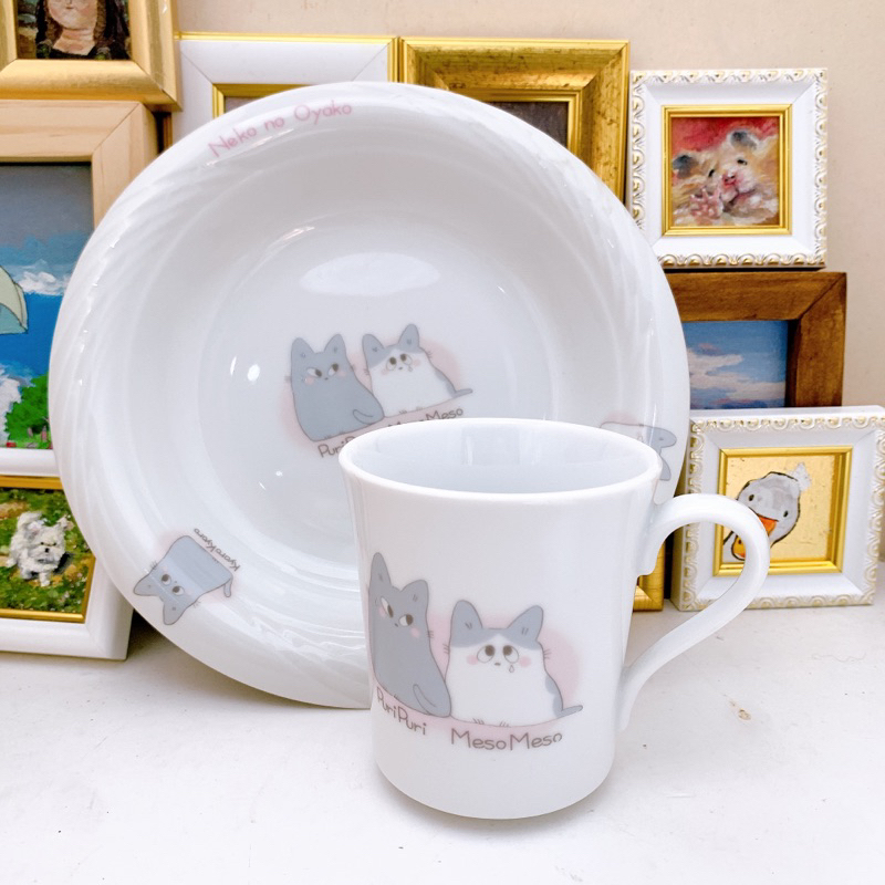 Set ly và dĩa mèo neko no oyako gốm sứ hoạt hình nhật bản