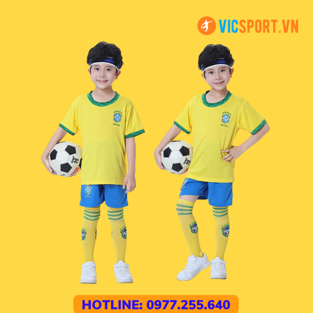 Áo Bóng Đá, Quần Áo Đá Banh Trẻ Em Đội Tuyển Brazil  Vải Thun Lạnh Thoáng Mát Cho Bé - Vicsport