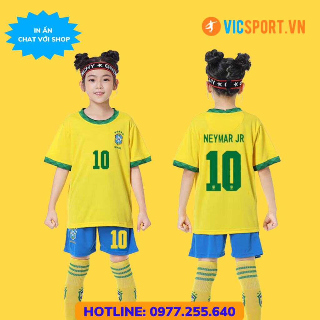 Áo Bóng Đá, Quần Áo Đá Banh Trẻ Em Đội Tuyển Brazil  Vải Thun Lạnh Thoáng Mát Cho Bé - Vicsport