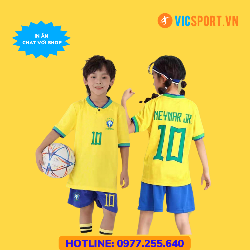 Áo Bóng Đá, Quần Áo Đá Banh Trẻ Em Đội Tuyển Brazil  Vải Thun Lạnh Thoáng Mát Cho Bé - Vicsport