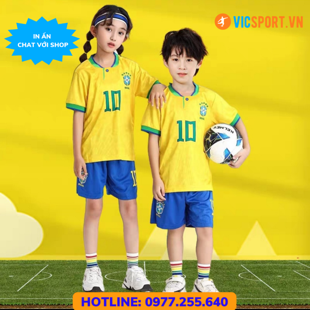 Áo Bóng Đá, Quần Áo Đá Banh Trẻ Em Đội Tuyển Brazil  Vải Thun Lạnh Thoáng Mát Cho Bé - Vicsport