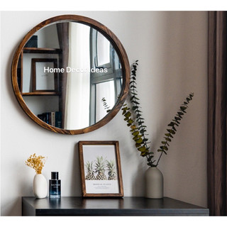  Gương tròn gỗ sồi  tự nhiên treo tường có sẵn móc treo màu nâu đen Home Decor Ideas 