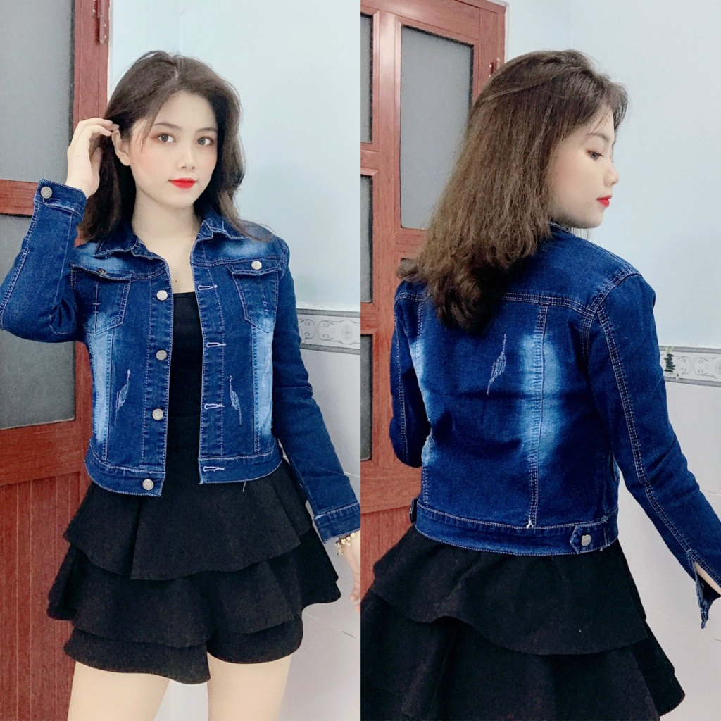 Áo khoác jean nữ chất thun màu xanh đậm co giãn nhẹ_ có túi trong_ size 40-60kg