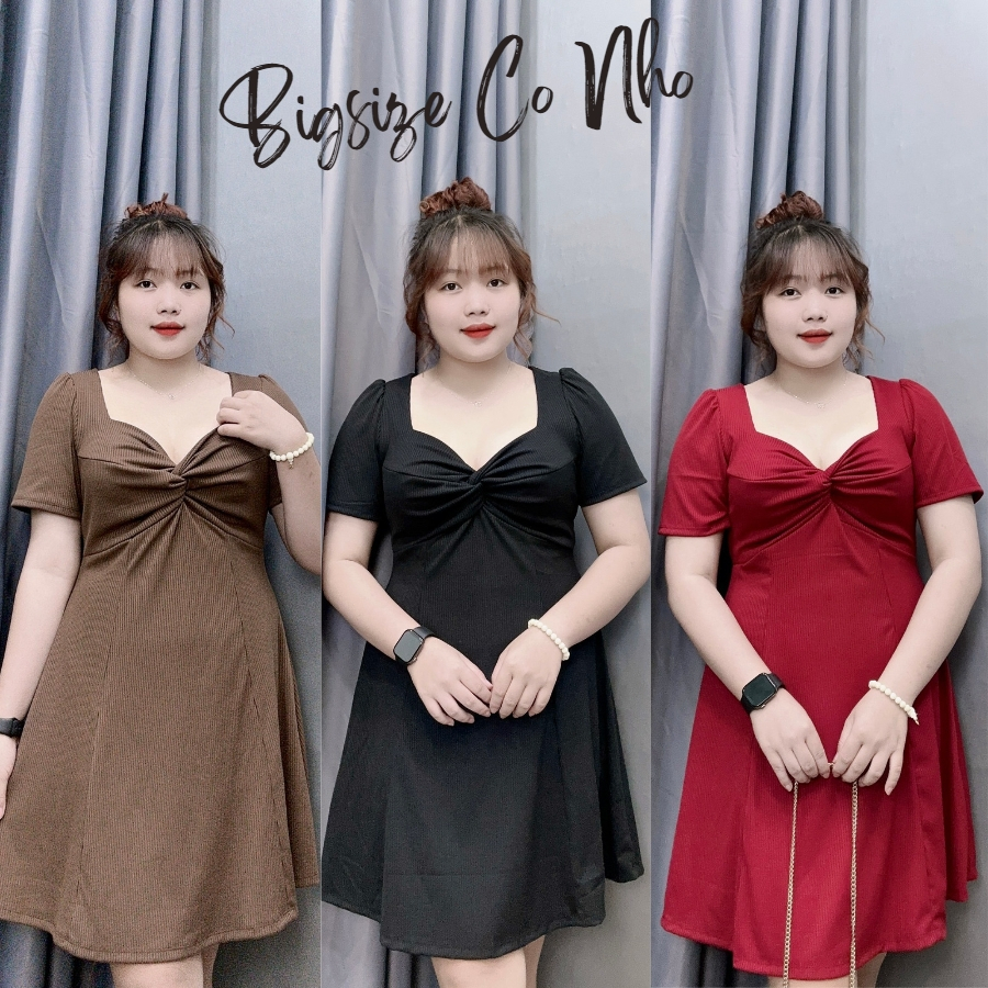 Đầm thiết kế bigsize nữ tay ngắn liền thân cúp ngực cổ xoắn dáng xòe, Váy big size chất gân tăm co giãn nữ từ G81
