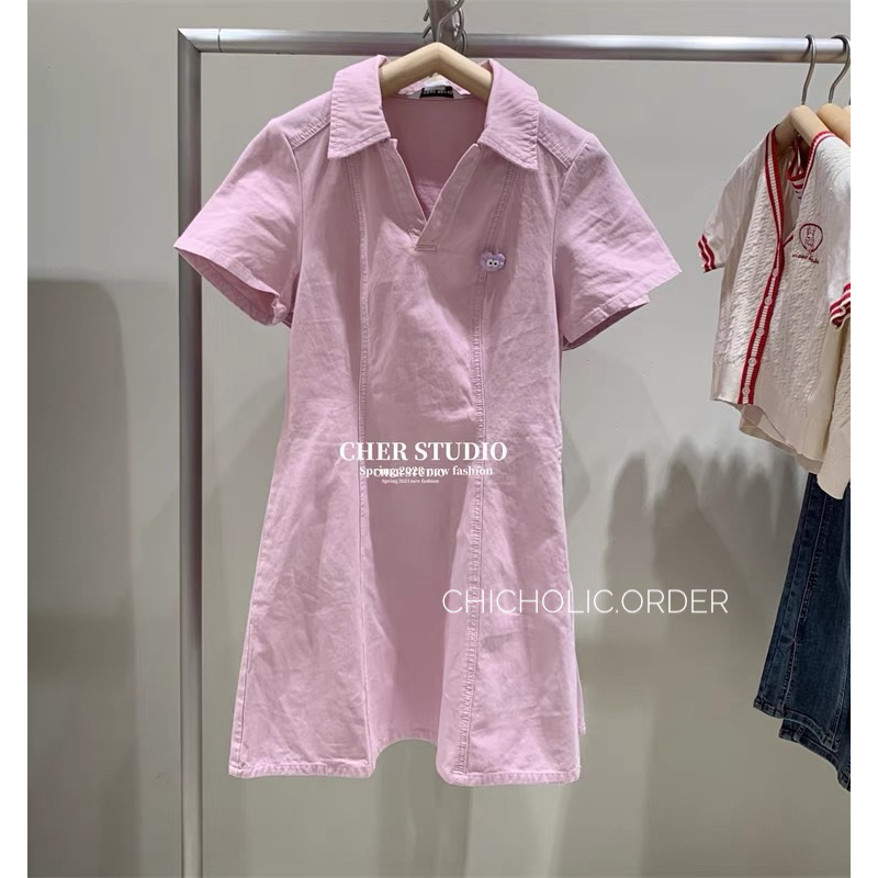 Mùa hè mới nữ 2023 eo váy denim ngắn tay váy chữ A màu hồng có ảnh thật