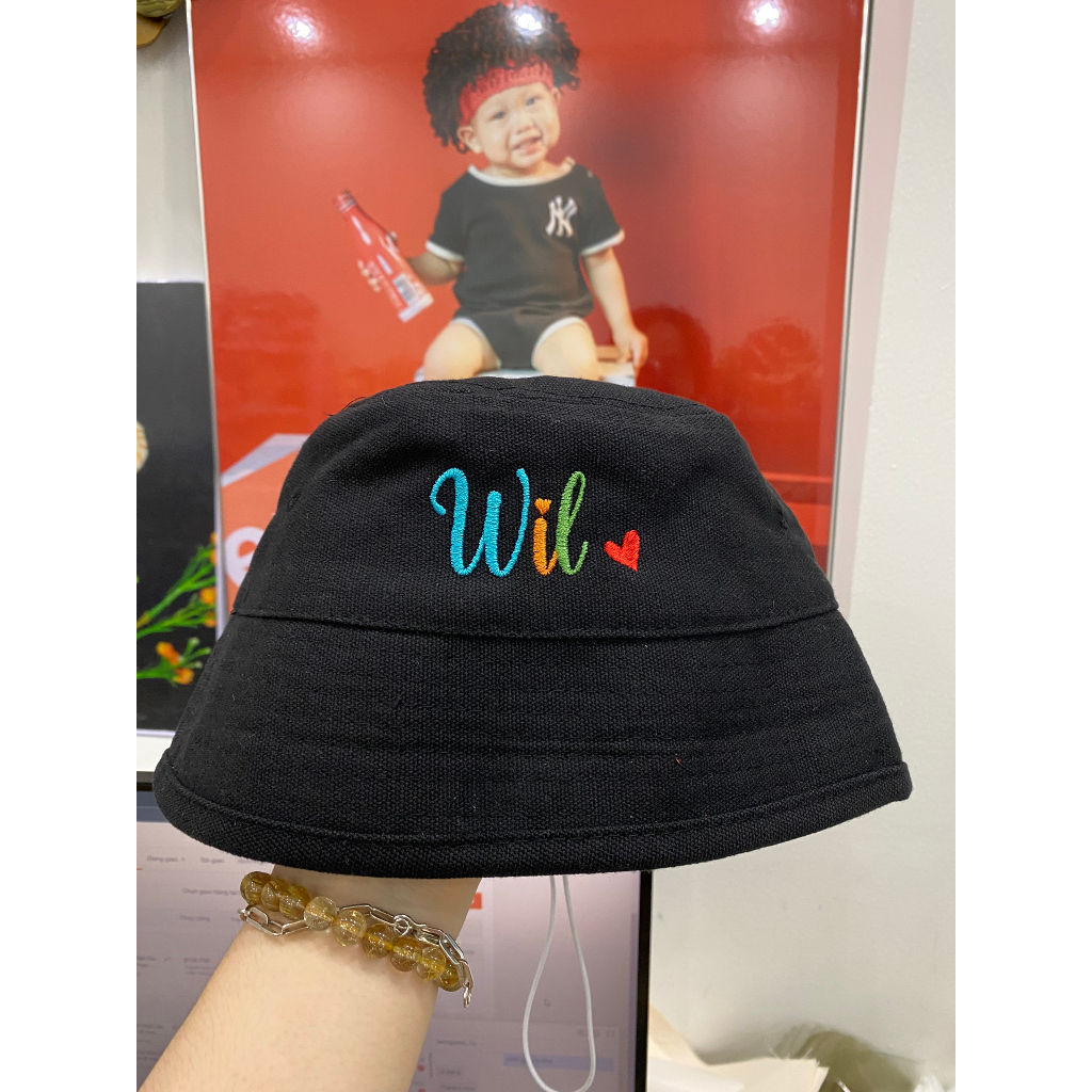 Mũ Bucket thêu Hình và Tên nhiều màu phong cách Hàn Quốc cho bé. Nón Bucket cho bé đi học đi chơi