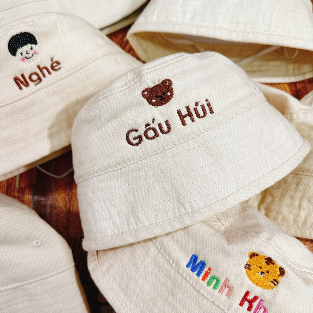 Mũ Bucket thêu Hình và Tên nhiều màu phong cách Hàn Quốc cho bé. Nón Bucket cho bé đi học đi chơi