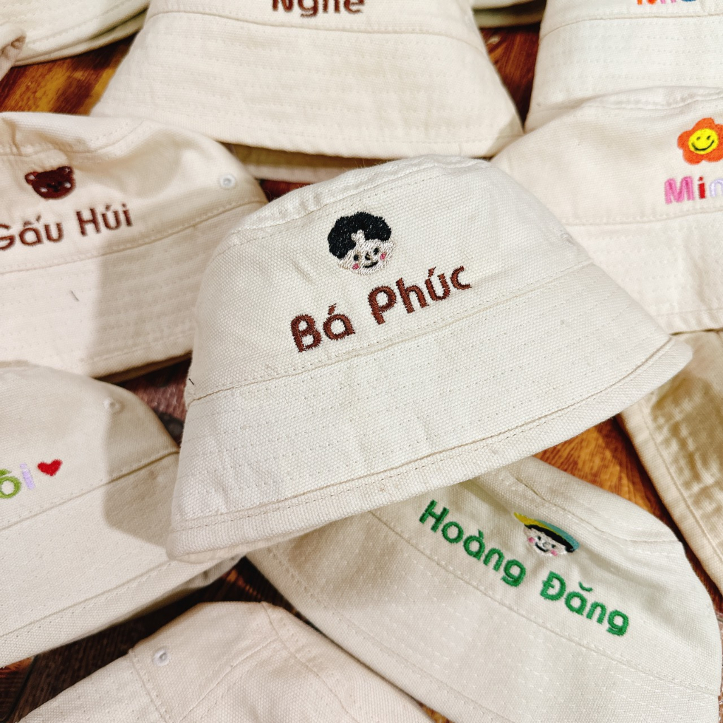 Mũ Bucket thêu Hình và Tên nhiều màu phong cách Hàn Quốc cho bé. Nón Bucket cho bé đi học đi chơi