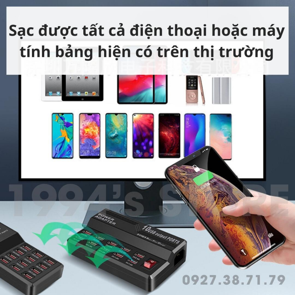 Ổ cắm nhiều cổng USB - Sạc nhanh cùng lúc 10 thiết bị - Sạc điện thoại, máy tính bảng, camera hành trình, tai nghe