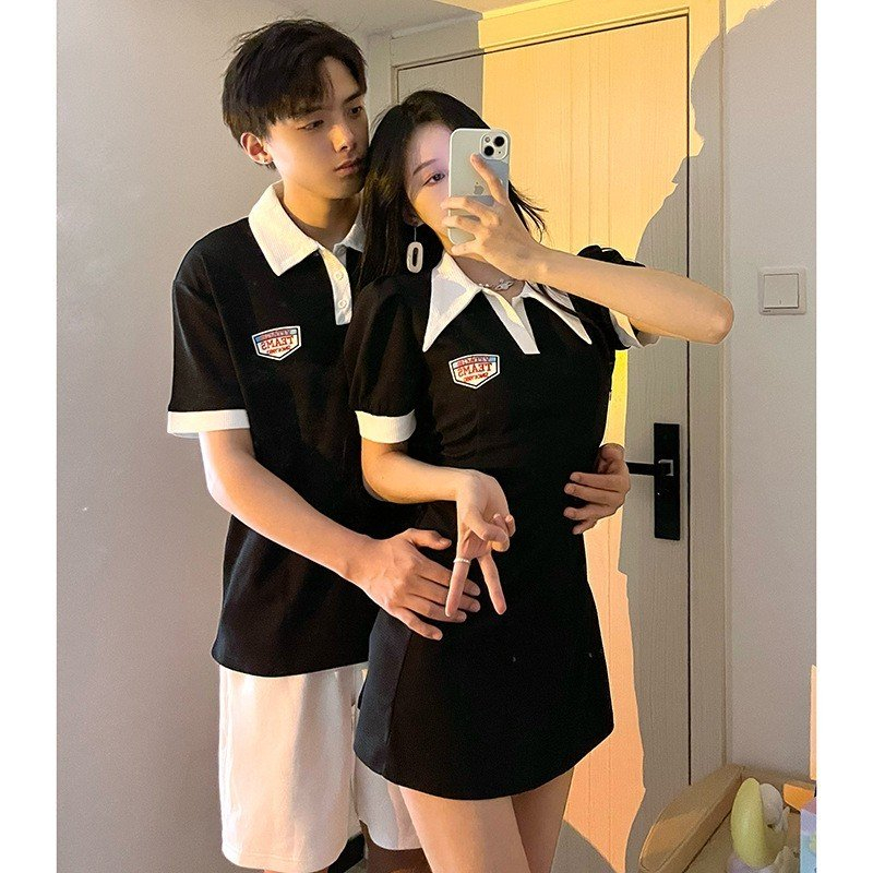 Đồ cặp nam nữ Set couple áo váy đôi polo dáng xoè màu đen phối cổ trắng thời trang Quảng Châu cao cấp C019