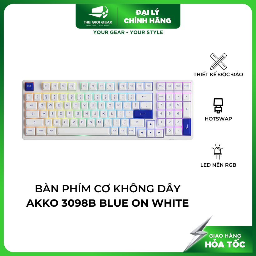 Bàn Phím Cơ Máy Tính Không Dây - AKKO 3098B Blue On White | Bluetooth & Wireless 2.4 | LED RGB