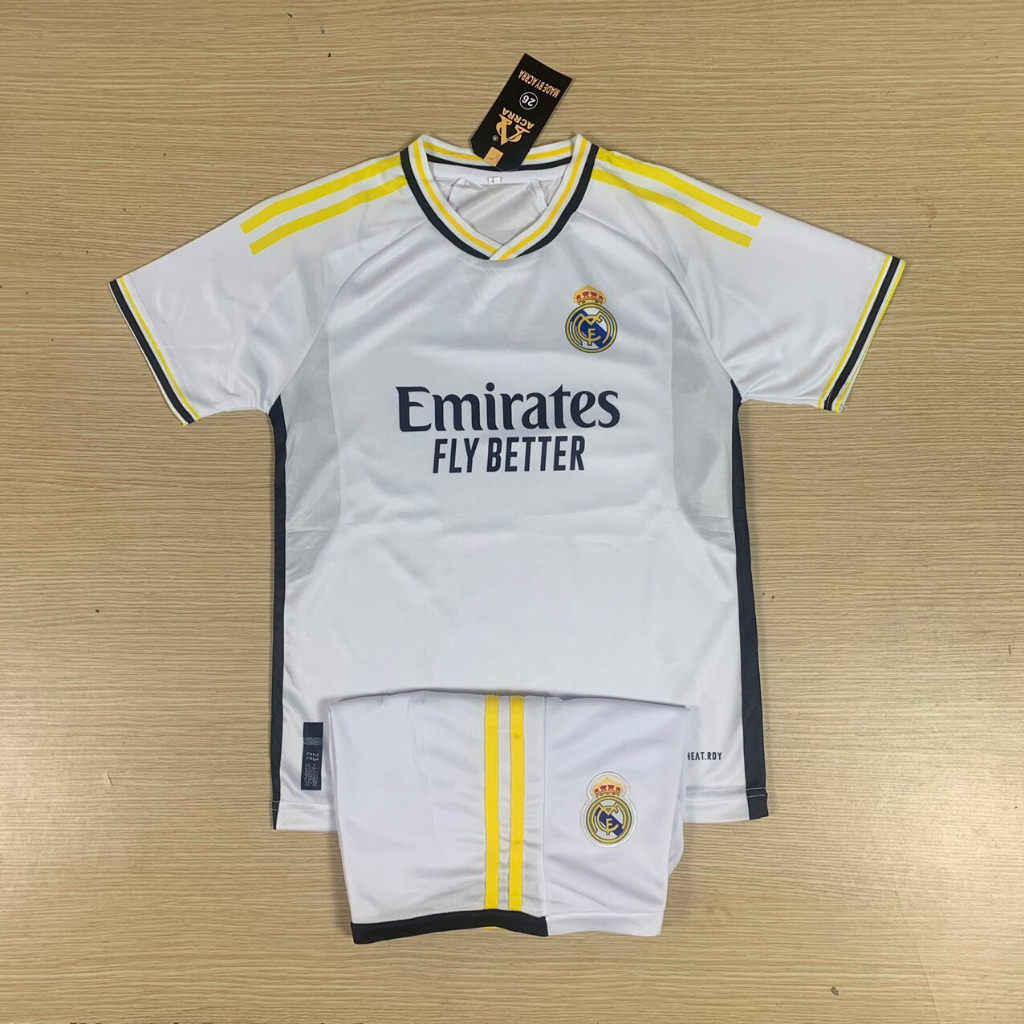 [ 18kg-90kBộ quần áo thể thao đá bóng tre REAL ,áo đá banh cộc tay cho bé trai bé gái - vải mè thoáng khí