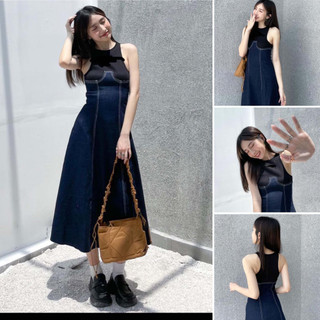 Đầm ba lỗ bò phối cotton dáng xòe - LS