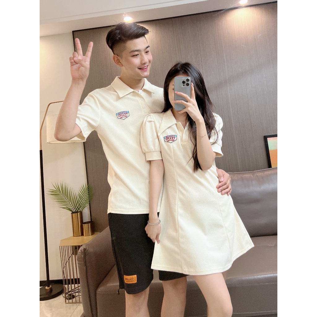 Đồ đôi nam nữ Set áo váy Polo màu be kem dáng xoè thời trang cặp couple chất cotton dày đẹp C019