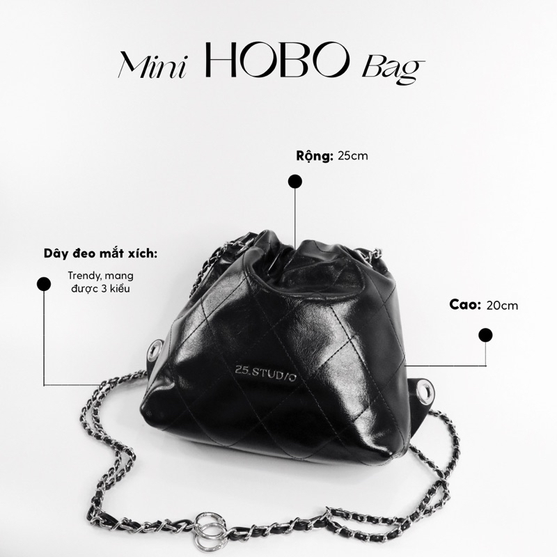 25 STUDIO Túi xách ba lô rút đeo vai mini phối dây xích kim loại Mini Hobo Bag