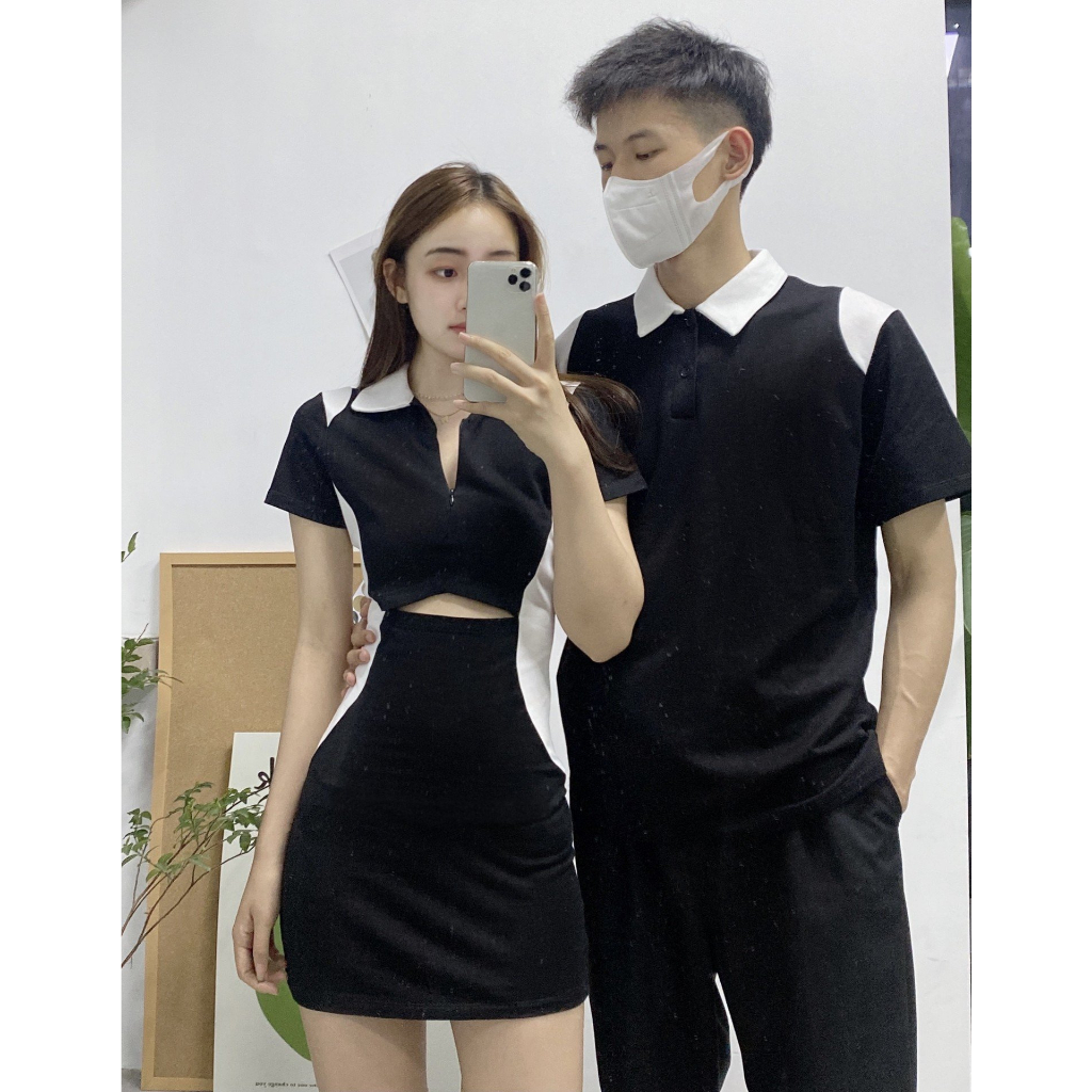 Đồ cặp nam nữ Set áo váy đôi Polo màu đen trắng ôm body hở bụng tôn dáng siêu xinh C020