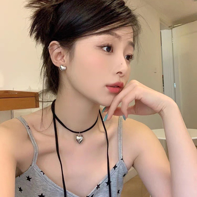 Dc06 | Vòng Cổ Choker Hình Trái Tim Màu Bạc Cột Dây Phong Cách Y2k La Perbra
