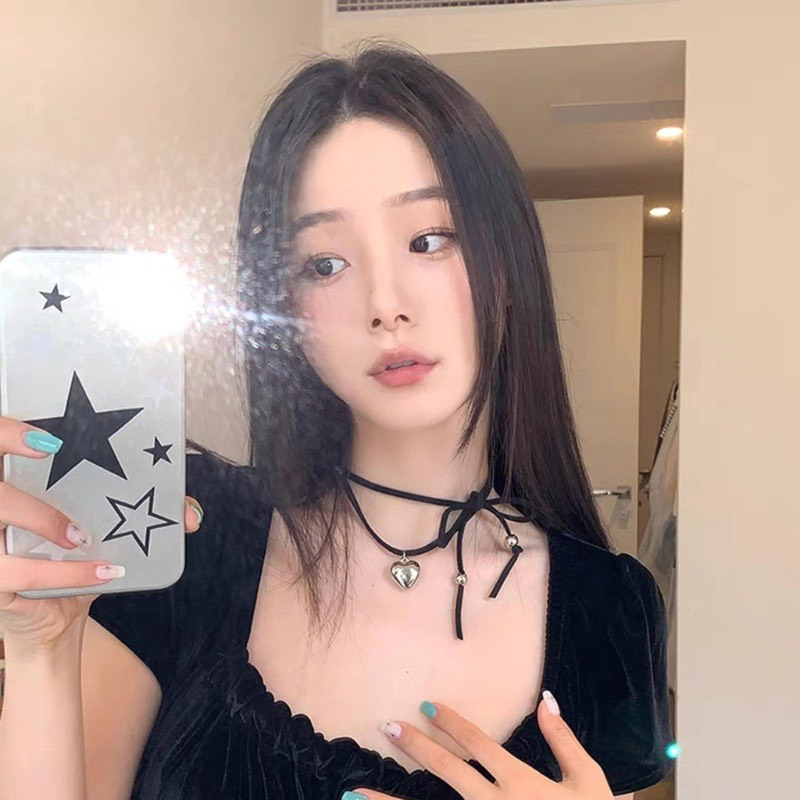 Dc06 | Vòng Cổ Choker Hình Trái Tim Màu Bạc Cột Dây Phong Cách Y2k La Perbra