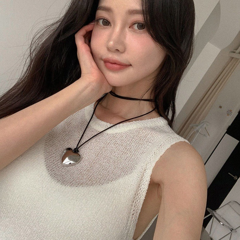 Dc06 | Vòng Cổ Choker Hình Trái Tim Màu Bạc Cột Dây Phong Cách Y2k La Perbra