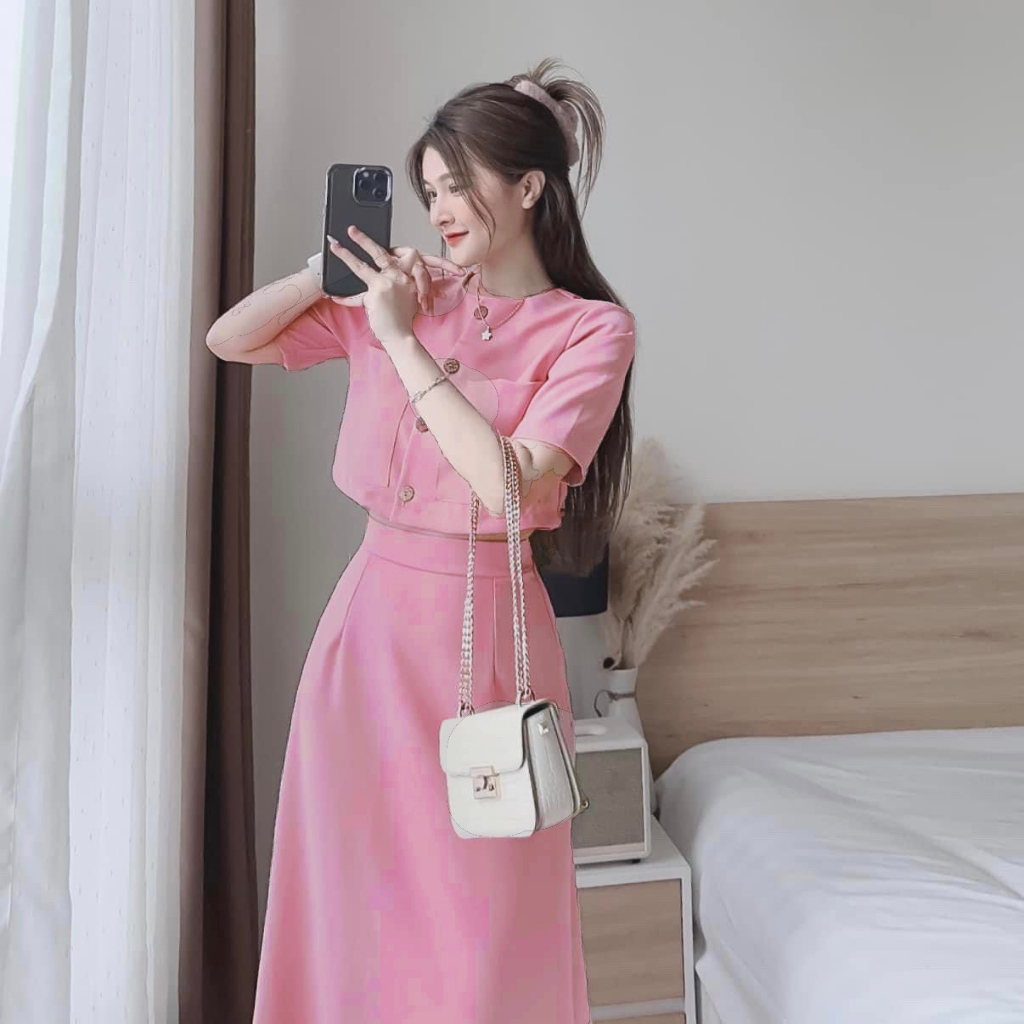 Set bộ áo crt mix chân váy dài  tone hồng xinh xỉu HN711